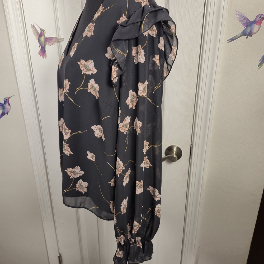 bar III Floral Ruffle V-Neck Sheer Long Sleeve Blouse Top L - Picture 5 of 7